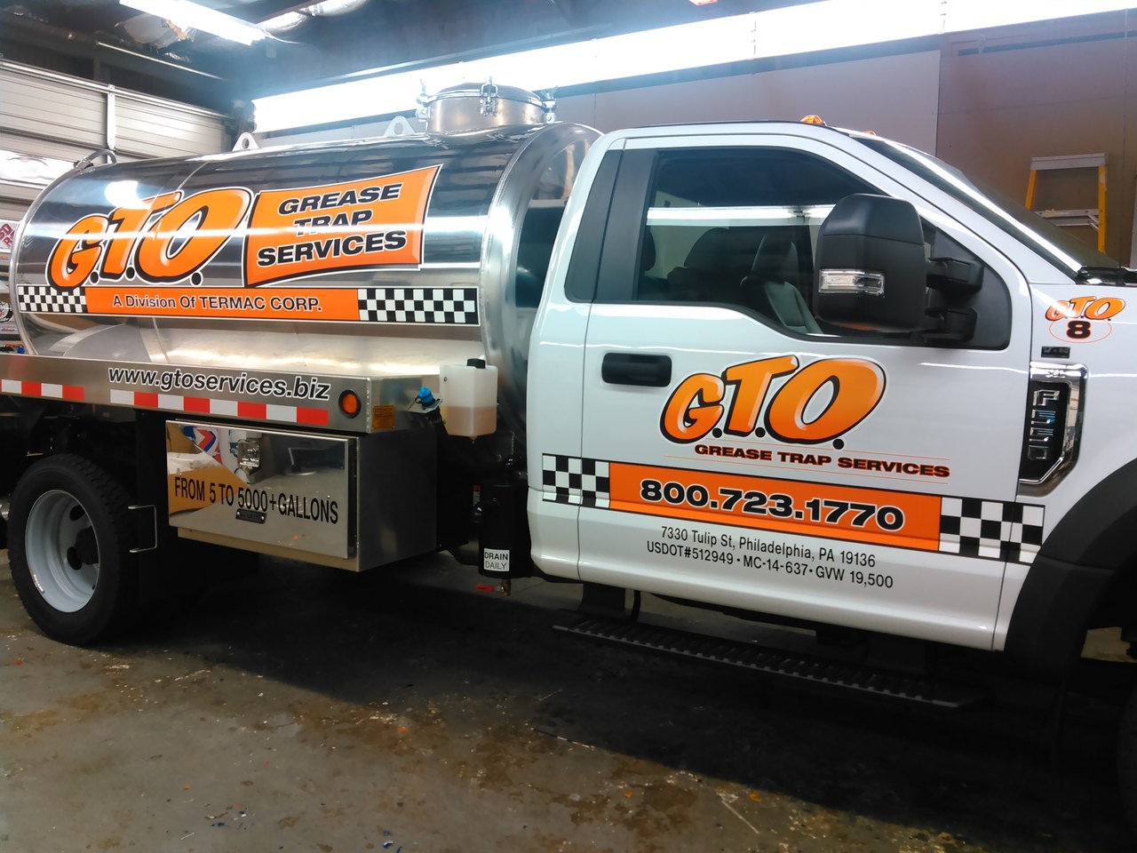 GTO Grease Trap Services F550 Vacuum Tanker In Shop