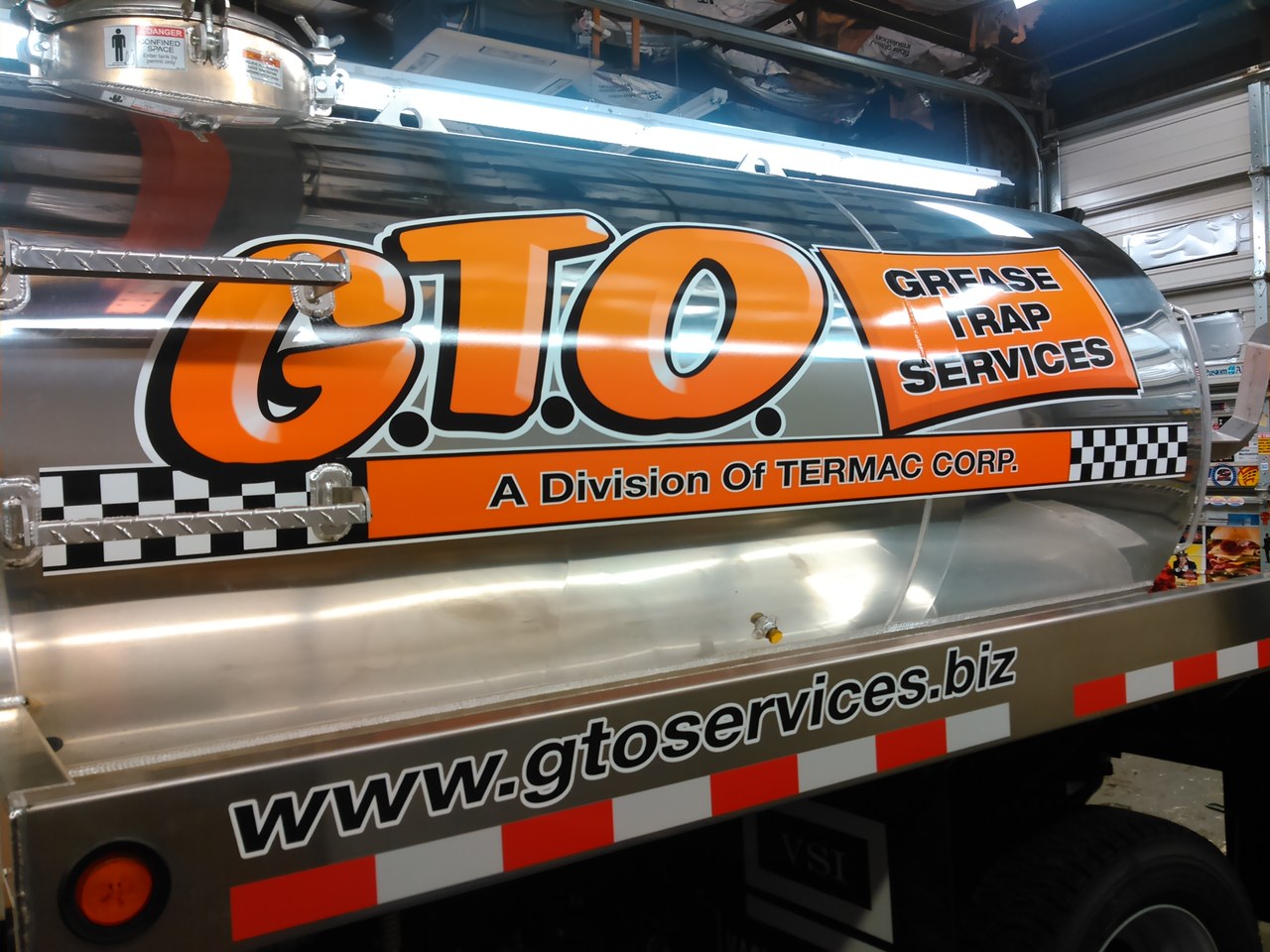GTO Grease Trap Services Vacuum Tanker Close Up In Shop