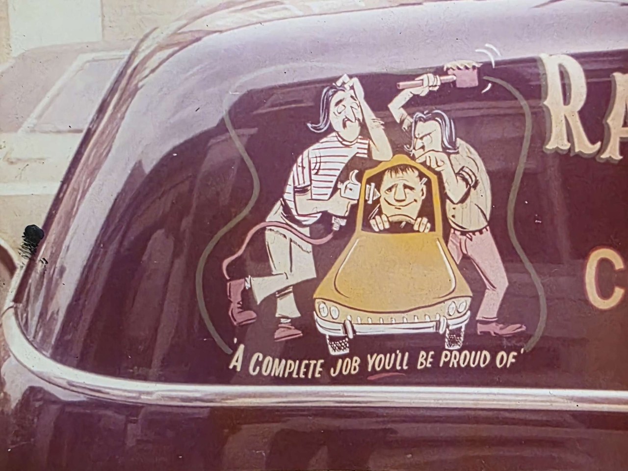 auto repair cartoon back window lettering